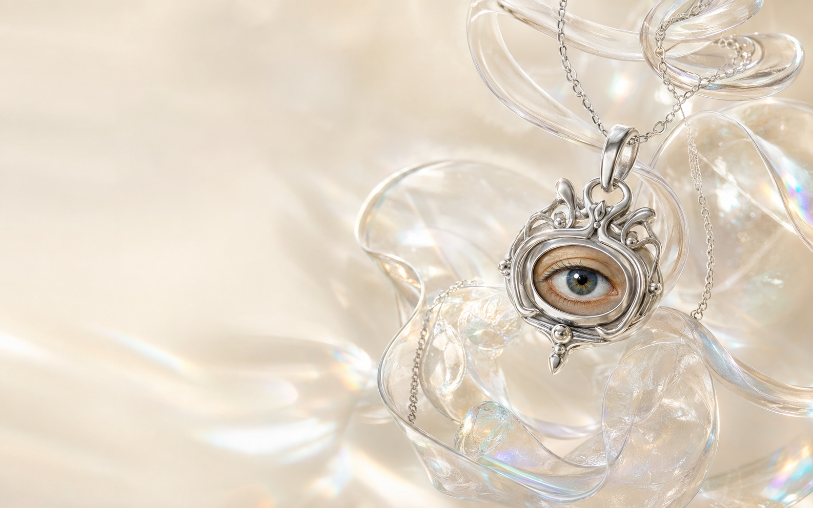 Sculptural hand-soldered silver pendant suspended in refracting glass
